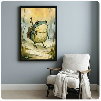 Black framed cute frog traveler backpack lantern wetland watercolor illustration whimsical canvas art hung beside a white lounge chair