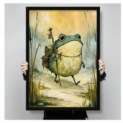 Hands holding black framed whimsical frog adventurer backpack lantern wetland watercolor canvas print wall art size display