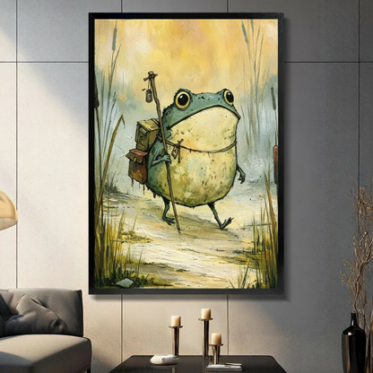 Black framed whimsical traveling frog with backpack and lantern staff walking through wetland watercolor canvas wall art in a modern living room