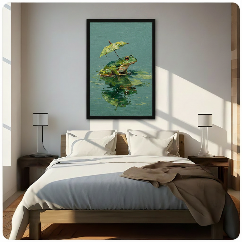 Framed frog holding a leaf umbrella wall art canvas print displayed above a wooden bed in a bright minimalist bedroom