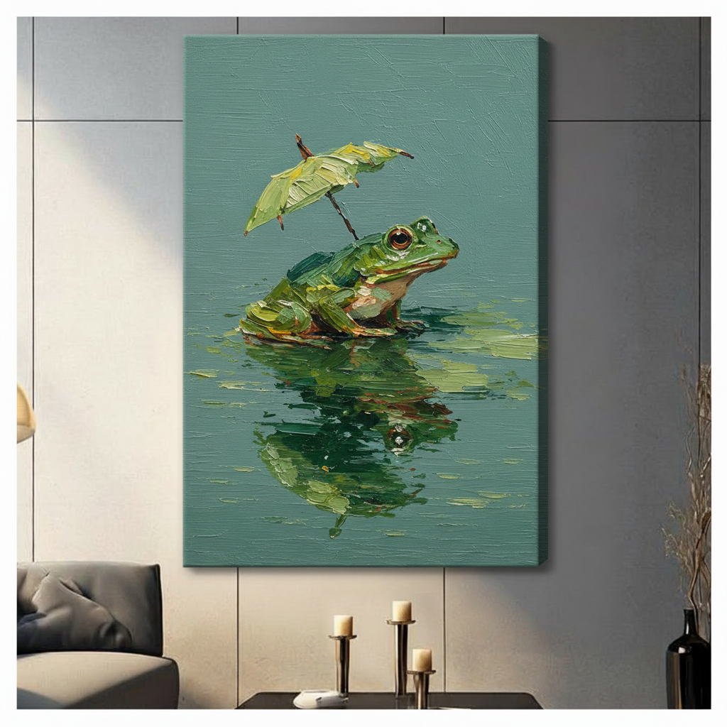 Unframed canvas wrap of a green frog holding a leaf umbrella reflected in water, mounted on a grey panel wall