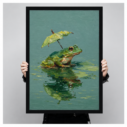 Person holding a large black framed frog with leaf umbrella art print showing print size against a neutral grey background