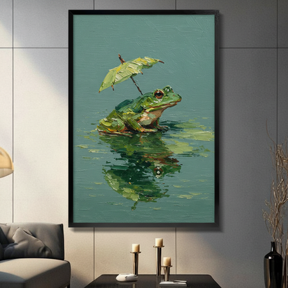 Black framed frog with leaf umbrella oil painting wall art displayed on a dark grey panel wall above a console table with candles