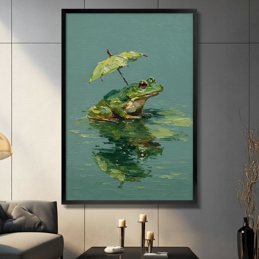 Black framed frog with leaf umbrella oil painting wall art displayed on a dark grey panel wall above a console table with candles