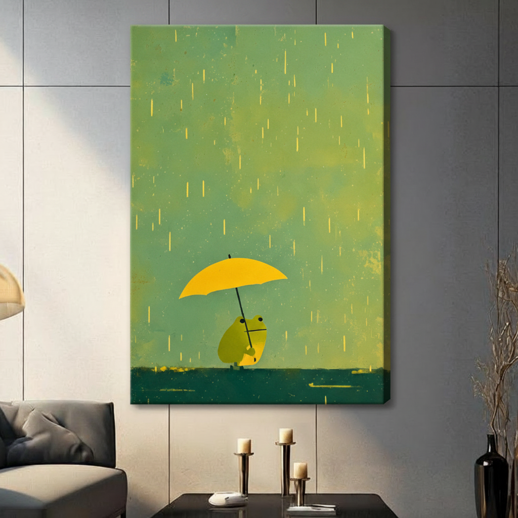 Gallery wrap canvas minimalist green frog with bright yellow umbrella standing in golden rain dark teal ground whimsical wall art