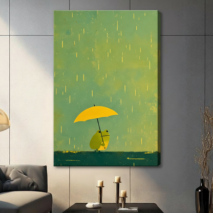 Gallery wrap canvas minimalist green frog with bright yellow umbrella standing in golden rain dark teal ground whimsical wall art