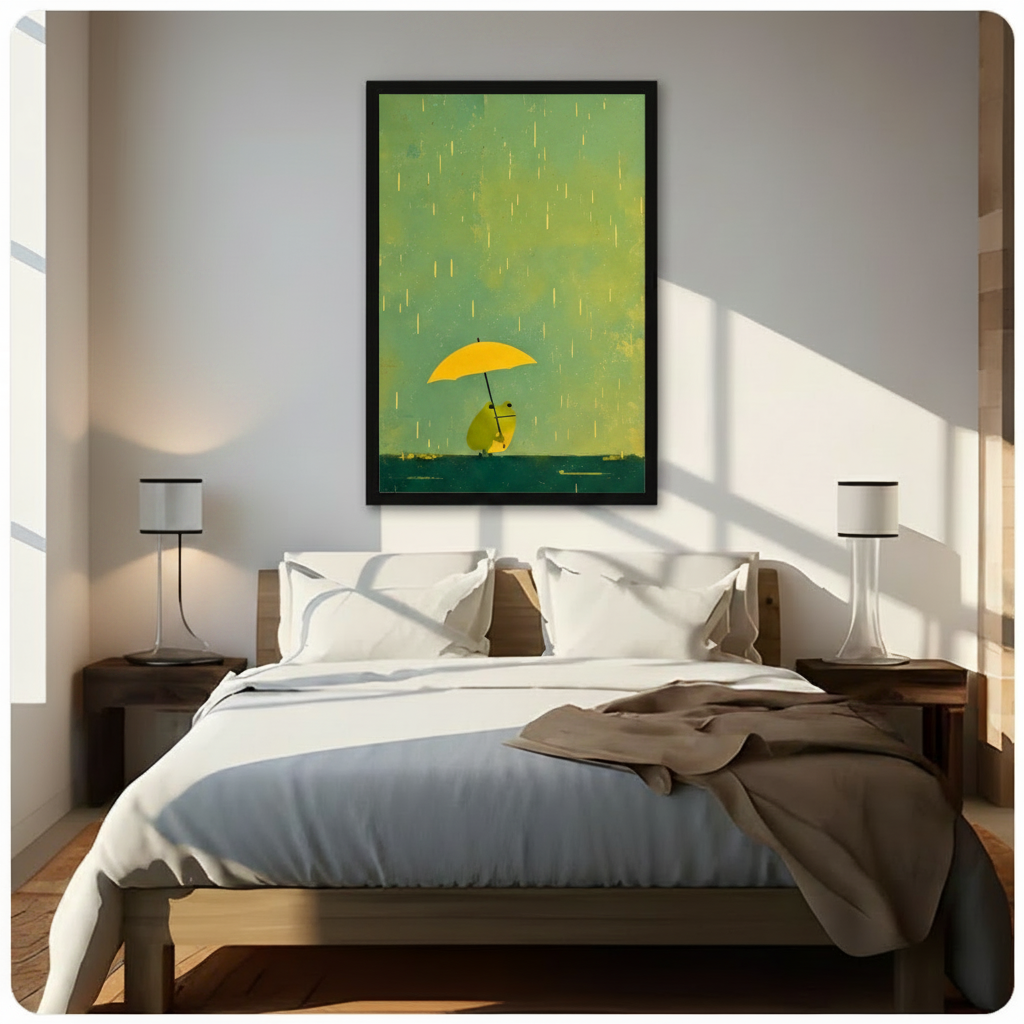 Black framed minimalist frog holding yellow umbrella golden rain mint green background whimsical canvas wall art above dark wood bed white linen
