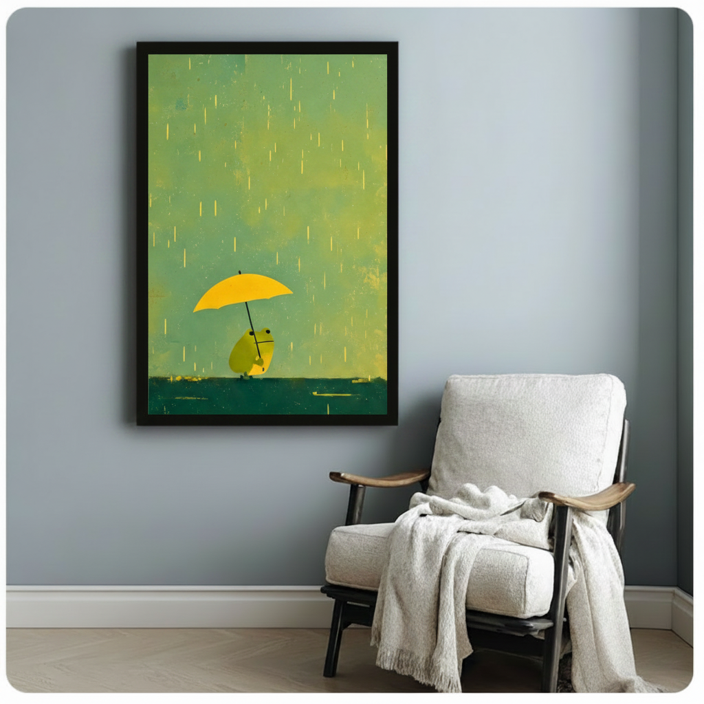 Black framed whimsical minimalist frog yellow umbrella golden rain mint green canvas art hung on blue-gray wall beside white lounge chair