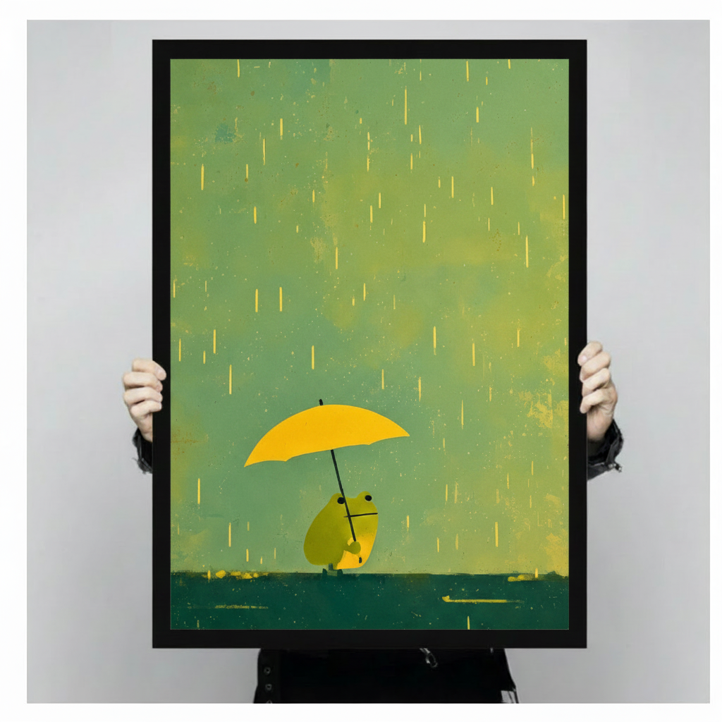 Hands holding black framed minimalist frog with yellow umbrella in golden rain whimsical green canvas print wall art size display