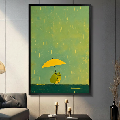 Black framed minimalist frog holding yellow umbrella in golden rain mint green background whimsical canvas wall art in a modern living room