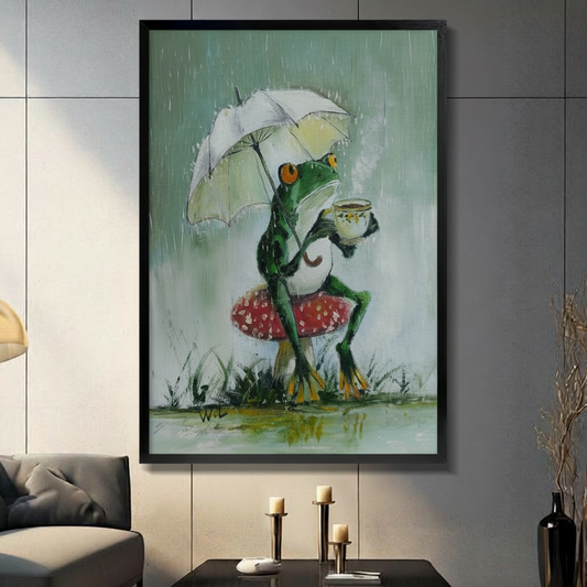  Whimsical green frog holding umbrella in rain while drinking tea on red mushroom framed wall art in modern living room, cottagecore oil painting style print with black frame on gray wall