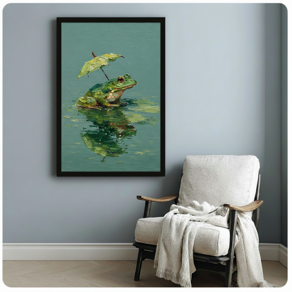 Black framed green frog oil painting print on a blue-grey wall beside a white linen accent chair with a throw blanket