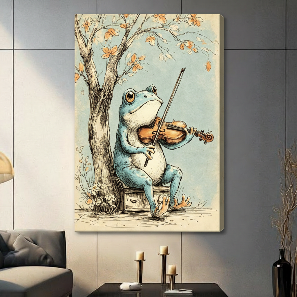 Whimsical vintage ink illustration of a plump blue-green frog playing violin beside a bare autumn tree with orange leaves funny frog music wall art stretched canvas in living room with dark gray panel wall and dark sofa