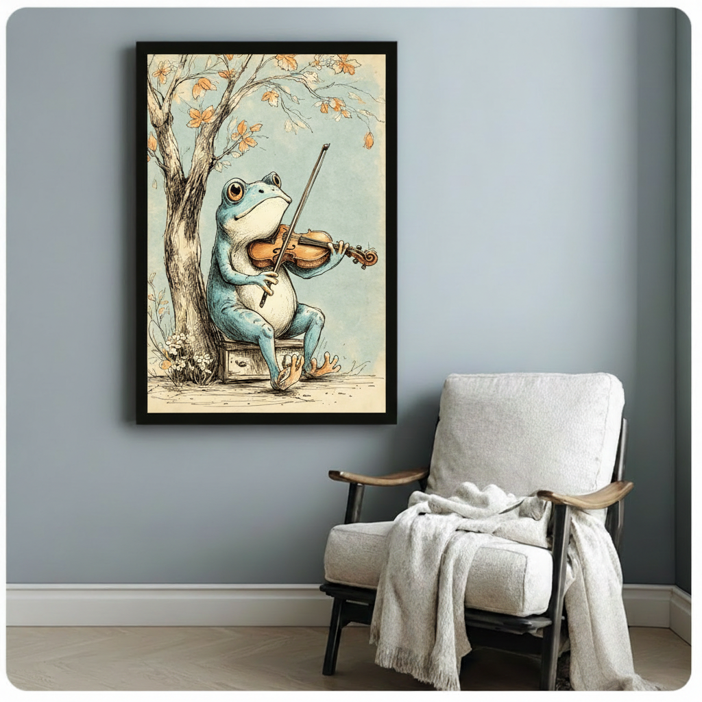 Whimsical vintage ink illustration of a plump blue-green frog playing violin beside a bare autumn tree with orange leaves funny frog music wall art framed print beside white armchair on blue-gray wall