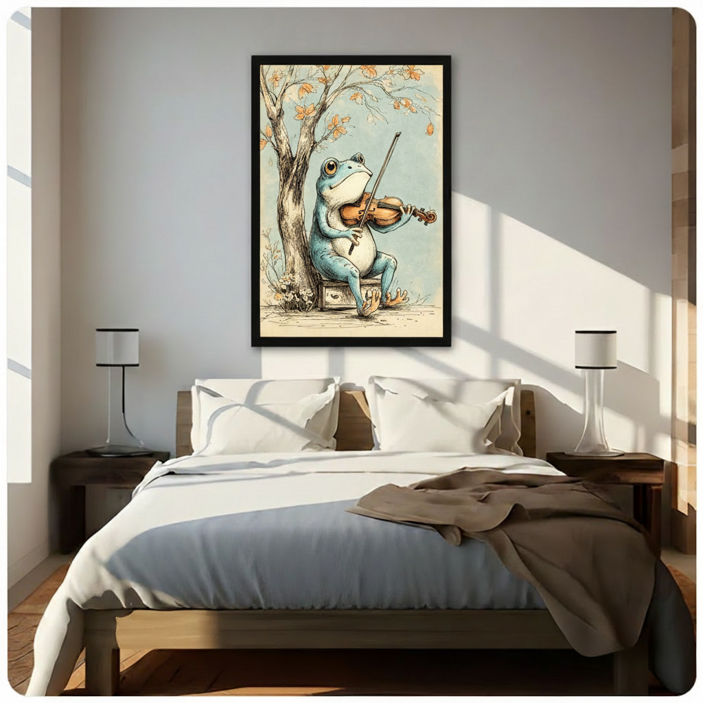 Whimsical vintage ink illustration of a plump blue-green frog playing violin beside a bare autumn tree with orange leaves funny frog music wall art framed print above bedroom with white bedding and dark wood bedside tables