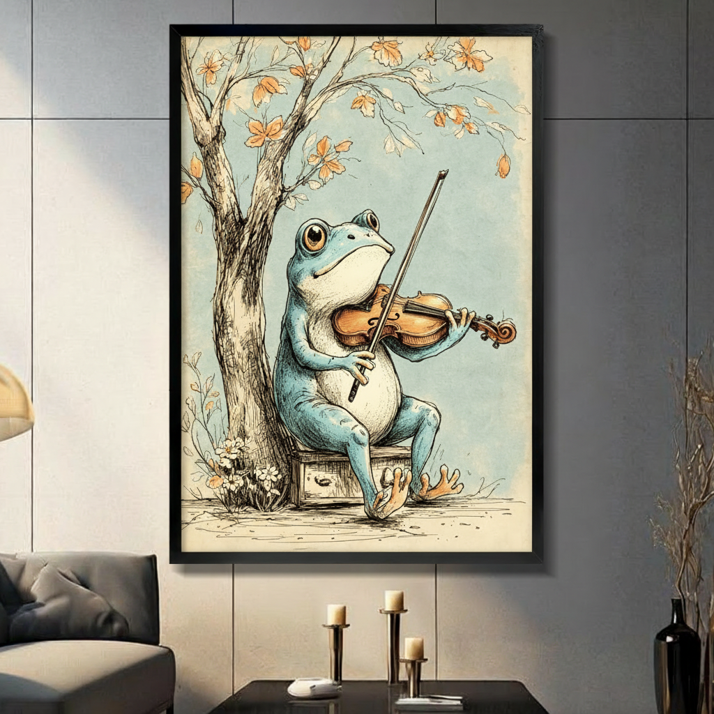 Whimsical vintage ink illustration of a plump blue-green frog playing violin beside a bare autumn tree with orange leaves funny frog music wall art framed print in living room with dark gray panel wall and dark sofa