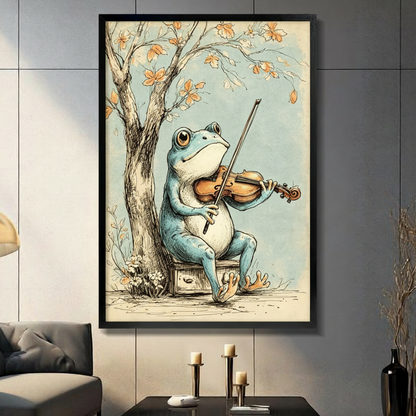 Whimsical vintage ink illustration of a plump blue-green frog playing violin beside a bare autumn tree with orange leaves funny frog music wall art framed print in living room with dark gray panel wall and dark sofa