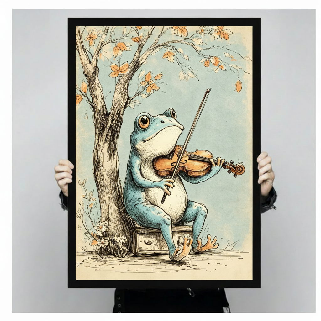 Whimsical vintage ink illustration of a plump blue-green frog playing violin beside a bare autumn tree with orange leaves funny frog music wall art framed print held against light gray background