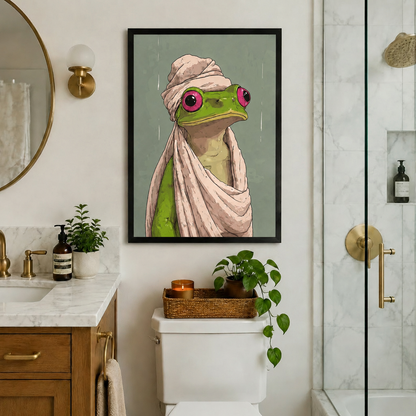 Framed funny frog bathroom wall art above toilet in a modern American bathroom with marble vanity and glass shower