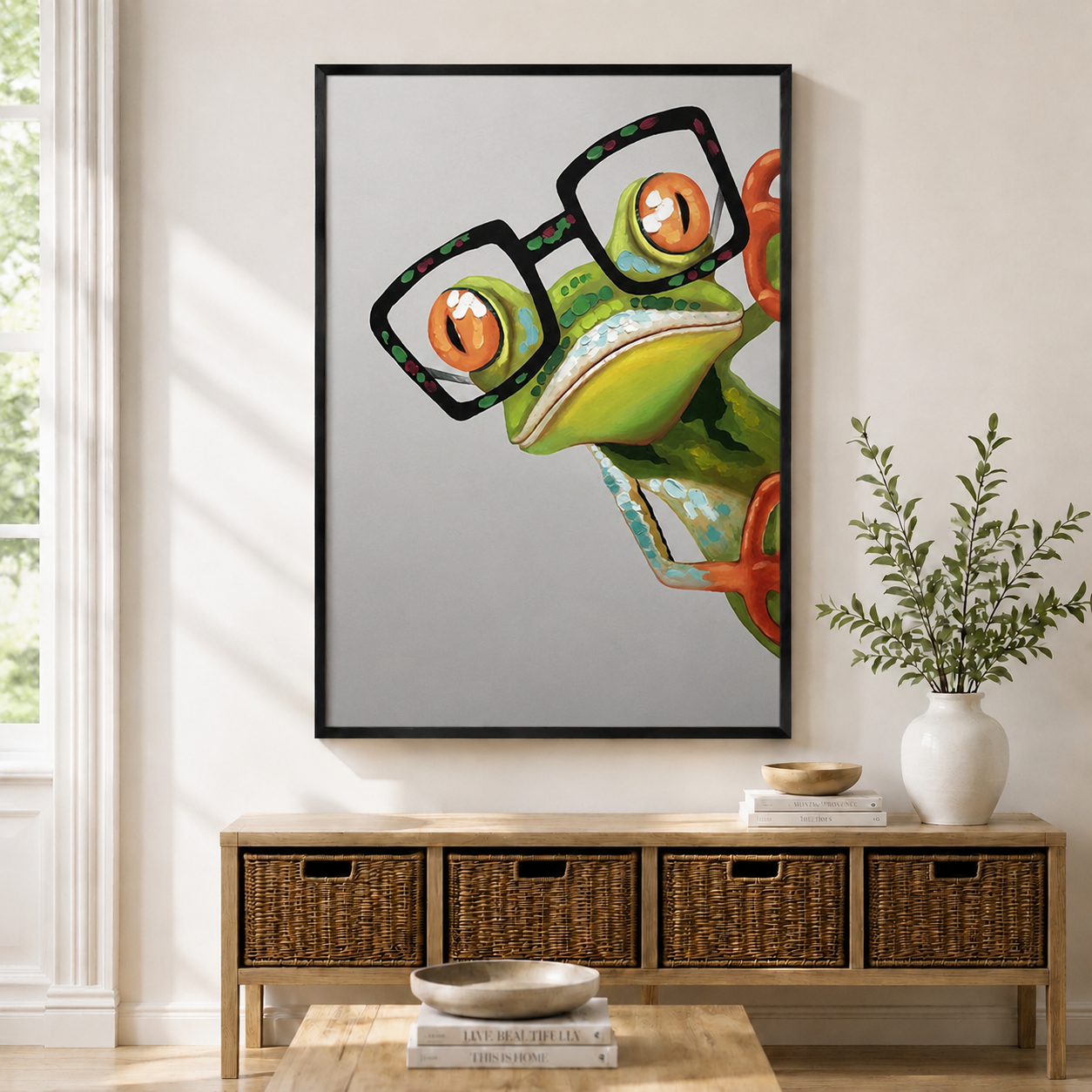 Funny green tree frog wearing oversized black glasses oil painting in black frame, hung above rattan console in bright entryway
