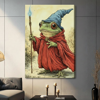 Gallery wrap canvas cute green frog wizard red cloak blue hat glowing magic wand vintage fantasy illustration whimsical wall art