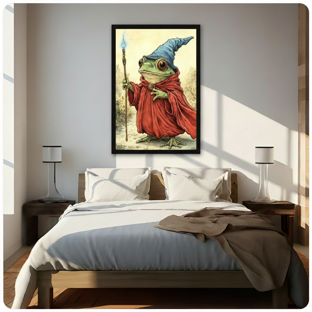 Black framed whimsical frog wizard red robe blue pointed hat magic staff vintage fantasy canvas wall art above a dark wood bed