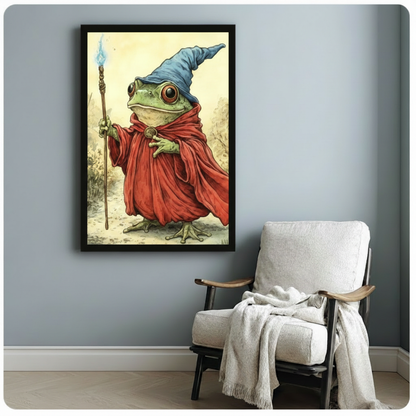 Black framed frog wizard red robe blue wizard hat magic staff vintage fantasy illustration whimsical canvas art hung beside a white lounge chair
