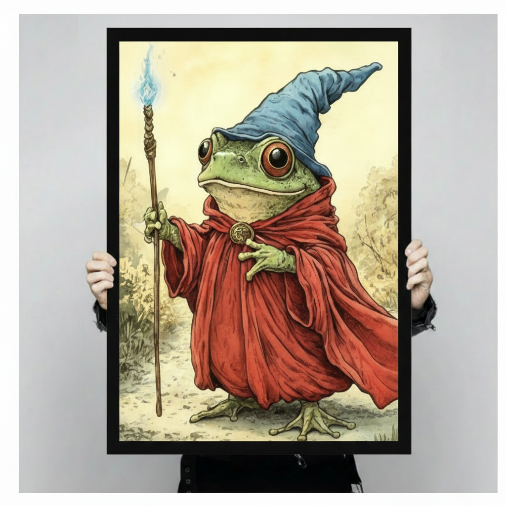 Hands holding black framed whimsical frog wizard red robe blue hat glowing staff fantasy canvas print wall art size display