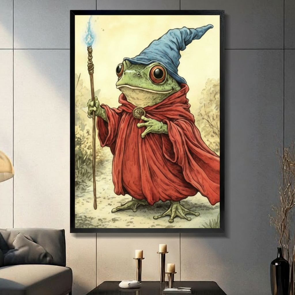 Black framed whimsical frog wizard in red robe blue pointed hat holding a glowing magic staff vintage fantasy illustration canvas wall art in a modern living room