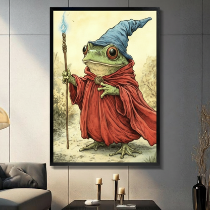 Black framed whimsical frog wizard in red robe blue pointed hat holding a glowing magic staff vintage fantasy illustration canvas wall art in a modern living room