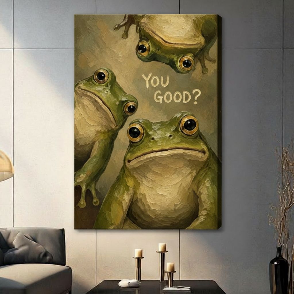 Gallery wrap stretched canvas of three expressive green bullfrogs with golden eyes pressing close to the viewer one dangling upside down from the top and a front-facing frog with a deadpan stare beside You Good handwritten text funny frog oil painting on textured olive green background hung frameless on a gray tile wall