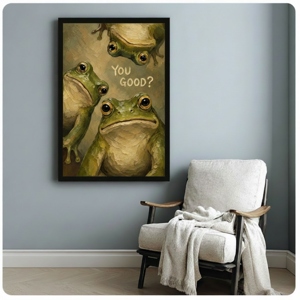 Black framed witty frog oil painting featuring three green bullfrogs with large golden eyes crowding the frame including an upside-down frog at the top and a deadpan front-facing frog with You Good hand-lettered humor text whimsical canvas print on warm olive gold impasto background hung beside a white linen armchair with cream throw