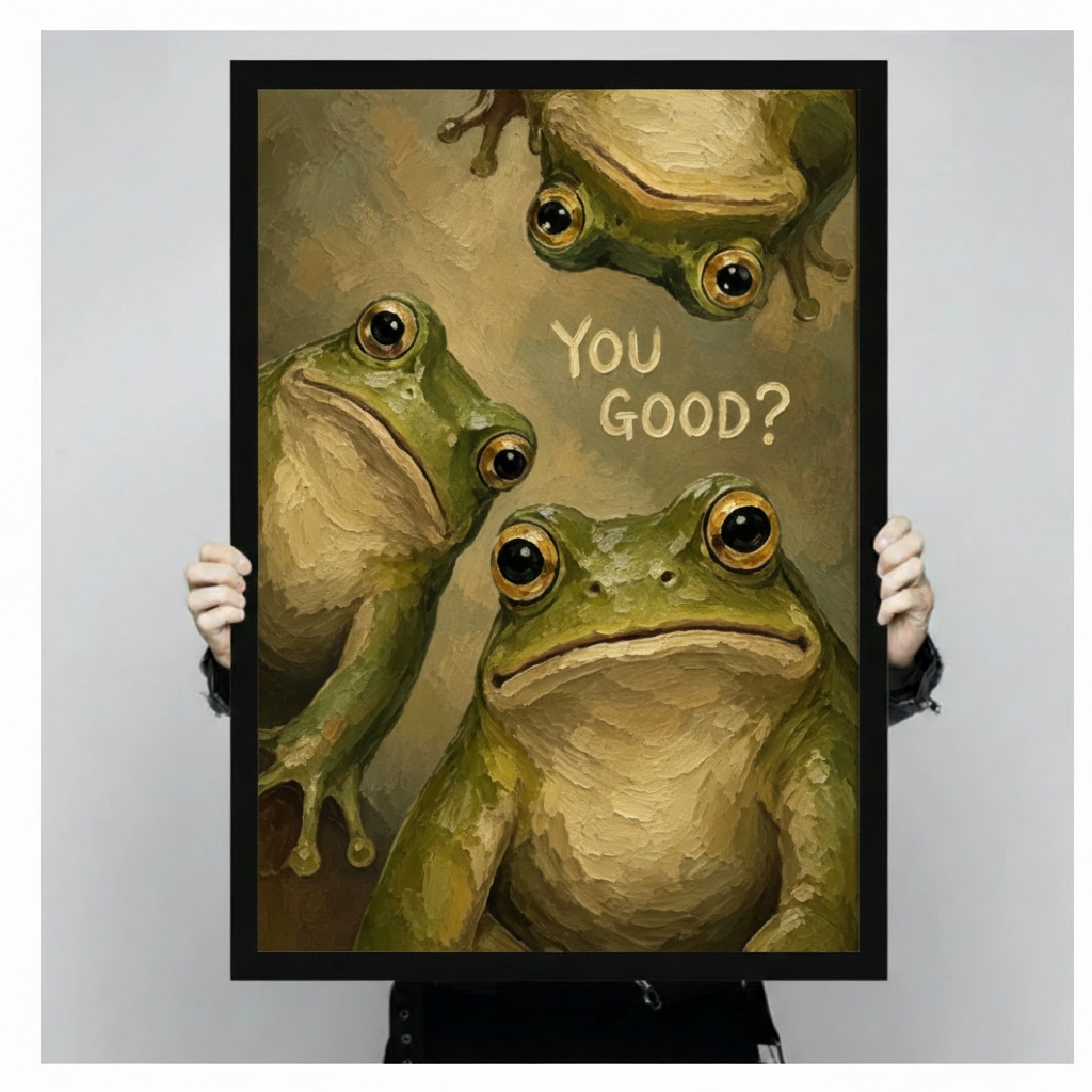 Two hands holding a large black framed funny frog oil painting with three green bullfrogs pressing into the frame including one upside-down frog and a close-up deadpan frog staring forward beside You Good handwritten text humor canvas art print on olive gold background, front-facing vertical size display