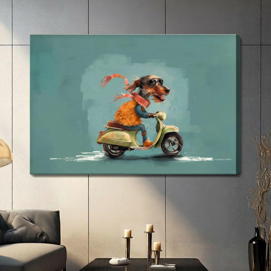 Cartoon dachshund in orange sweater riding retro green scooter gallery wrap canvas art in teal blue on a dark gray paneled wall above a gray sofa with candle holders and a black decorative vase in a contemporary living room