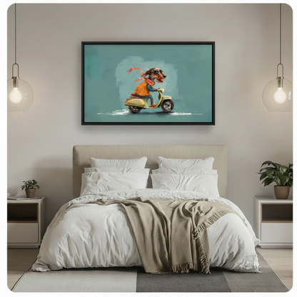 Black framed funky dachshund scooter canvas art in teal blue above a bed with white linen bedding, a taupe throw blanket, white nightstands, potted plants, and globe pendant lights in a modern bedroom
