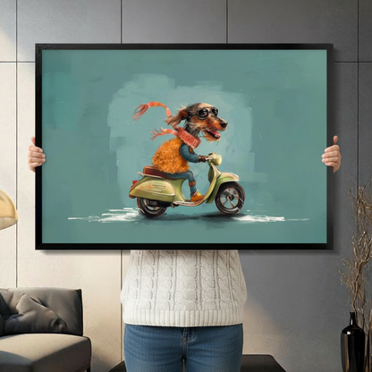 Person in white cable-knit sweater holding a black framed funky dachshund riding vintage green scooter art print in teal blue against a dark gray paneled wall background