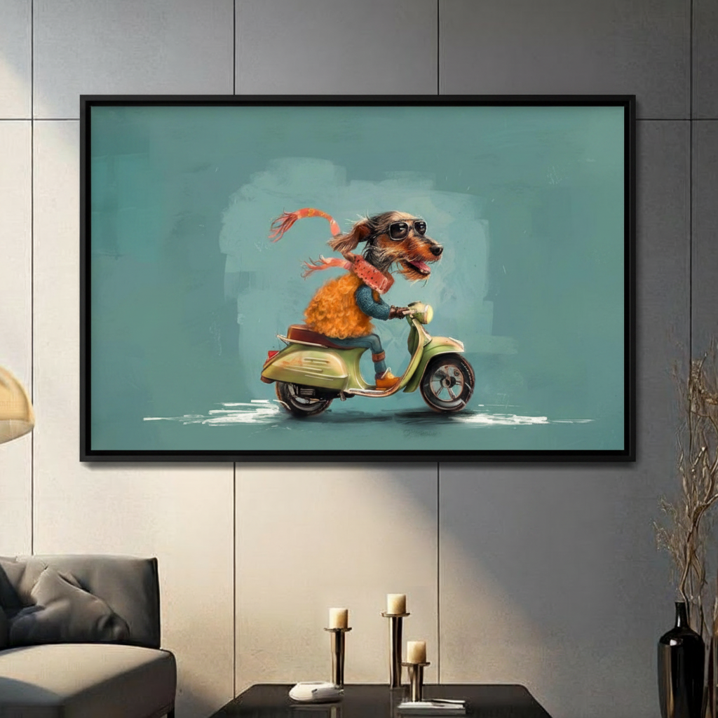 Funky dachshund riding vintage green scooter with sunglasses and pink scarf black framed canvas art in teal blue on a dark gray paneled wall above a gray sofa with pillar candle holders in a contemporary living room