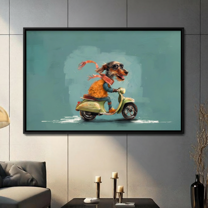 Funky dachshund riding vintage green scooter with sunglasses and pink scarf black framed canvas art in teal blue on a dark gray paneled wall above a gray sofa with pillar candle holders in a contemporary living room