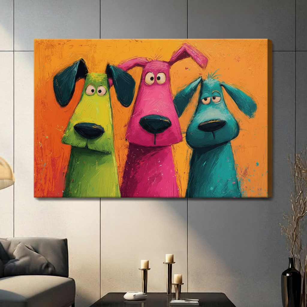 Whimsical cartoon dogs canvas wrap wall art in neon green pink and teal on orange background gallery wrapped canvas in a contemporary living room setting with gray sofa