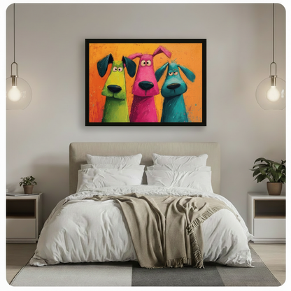 Bold colorful dogs framed wall art above a modern bed with beige upholstered headboard white linen bedding a taupe throw blanket white nightstands potted plants and globe pendant lights