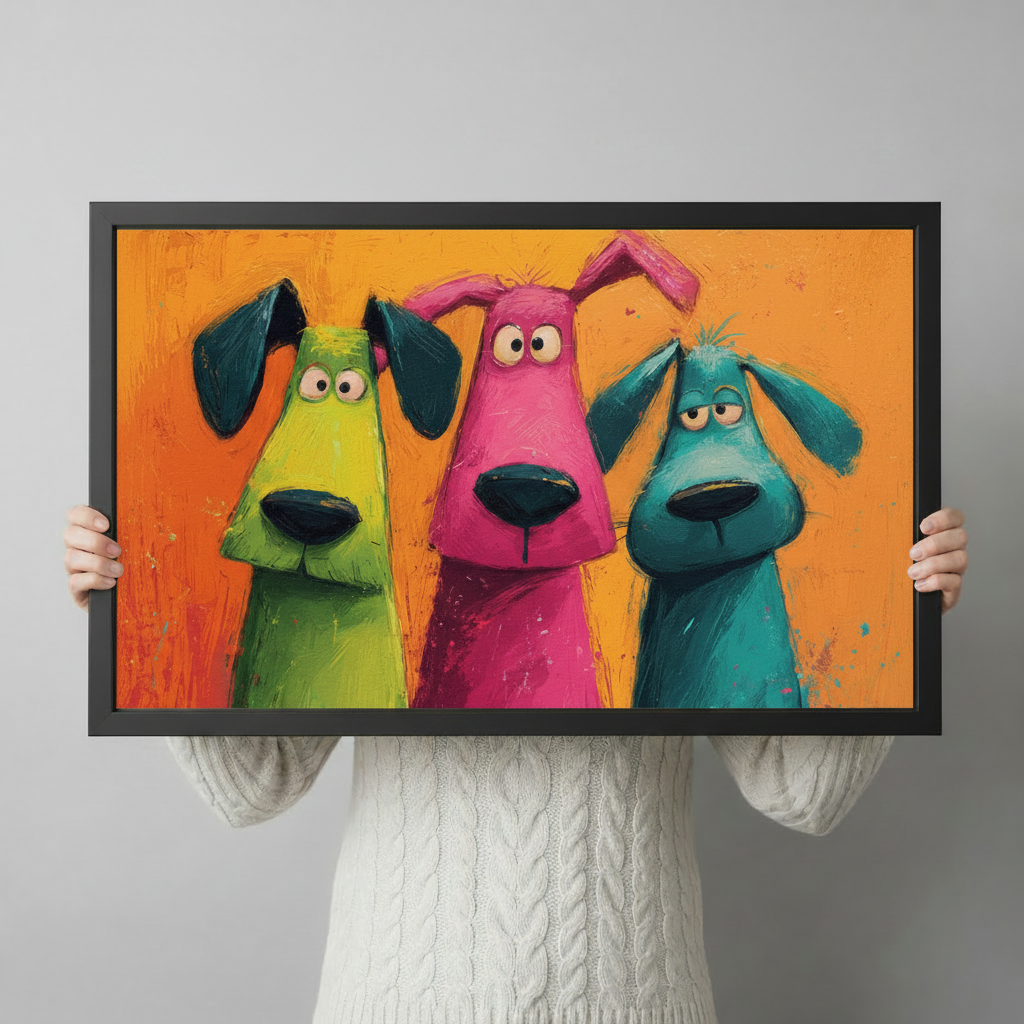 Person holding a framed colorful cartoon dogs pop art print featuring three quirky dogs in green pink and teal against a bright orange painted background light gray backdrop