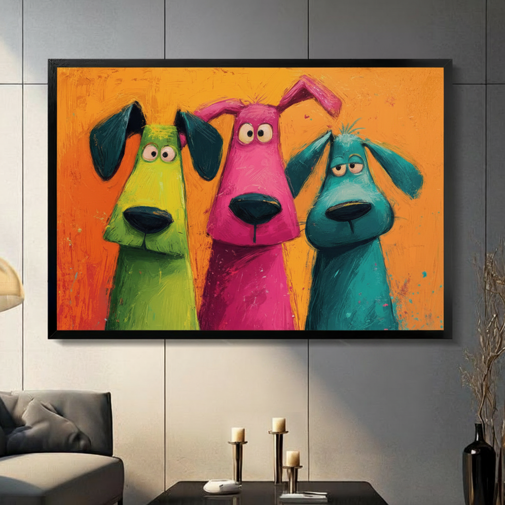 Three colorful cartoon dogs framed wall art print in bold green pink and teal on vibrant orange background displayed in a modern living room with dark gray sofa and candle holders