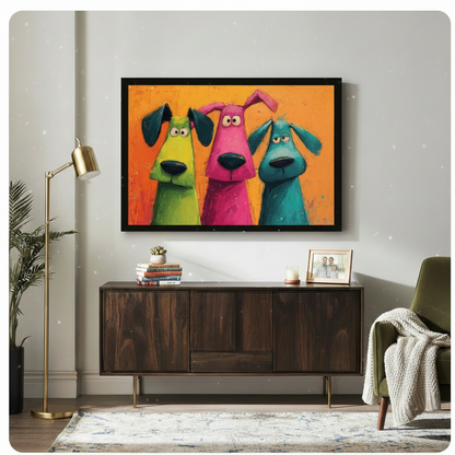 Vibrant pop art cartoon dogs framed print above a dark walnut sideboard in a modern living room with a gold floor lamp green armchair and cozy throw blanket