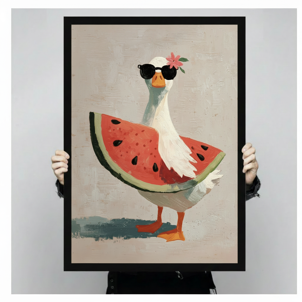 Hands holding funky goose watermelon canvas wall art in black frame — close-up of cool white goose in sunglasses with pink flower holding giant watermelon slice, oil painting style