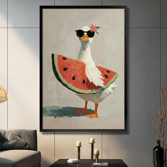 Funky goose watermelon canvas wall art in black frame above console table in modern gray living room — whimsical oil painting summer decor