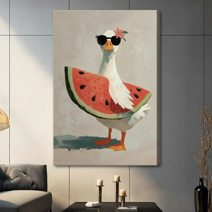 Cute goose with watermelon stretched canvas print displayed in contemporary living room — expressive oil painting animal art with warm beige tones
