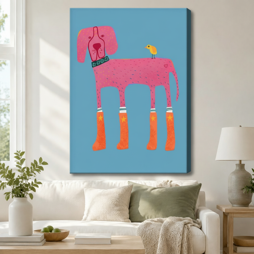 Colorful cartoon pink dog in orange star rain boots with tiny yellow bird gallery wrap canvas art in sky blue above a white sofa with sage green cushions, a knit throw blanket, and a ceramic table lamp in a bright living room