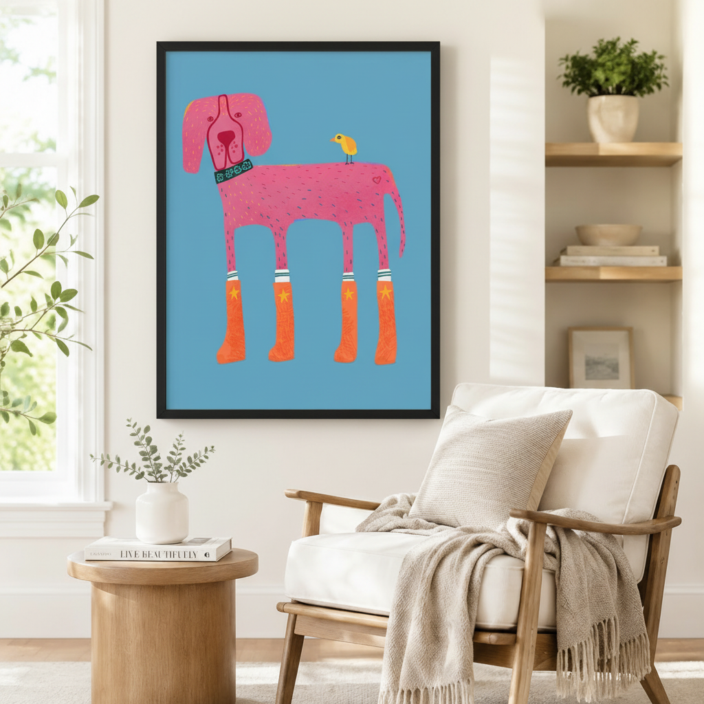 Black framed funky pink dog with orange star boots and yellow bird wall art in sky blue beside a white linen armchair with a linen throw blanket, a round wood side table, and open shelving with potted plants in a Scandinavian interior