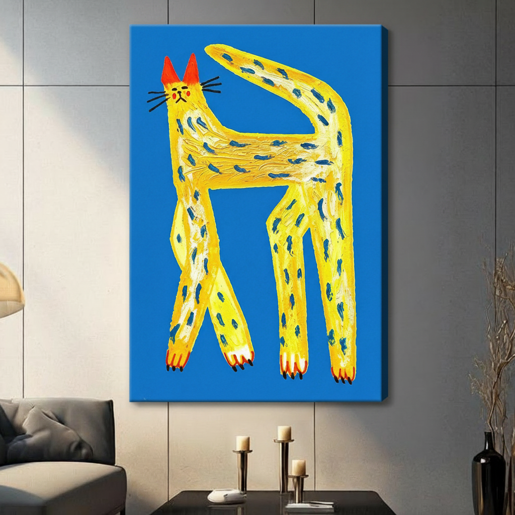 Gallery wrap canvas print of a bold funky yellow cat with blue spots, red ears, and expressive claws on a bright blue background, hung on a grey wall in a contemporary living room
