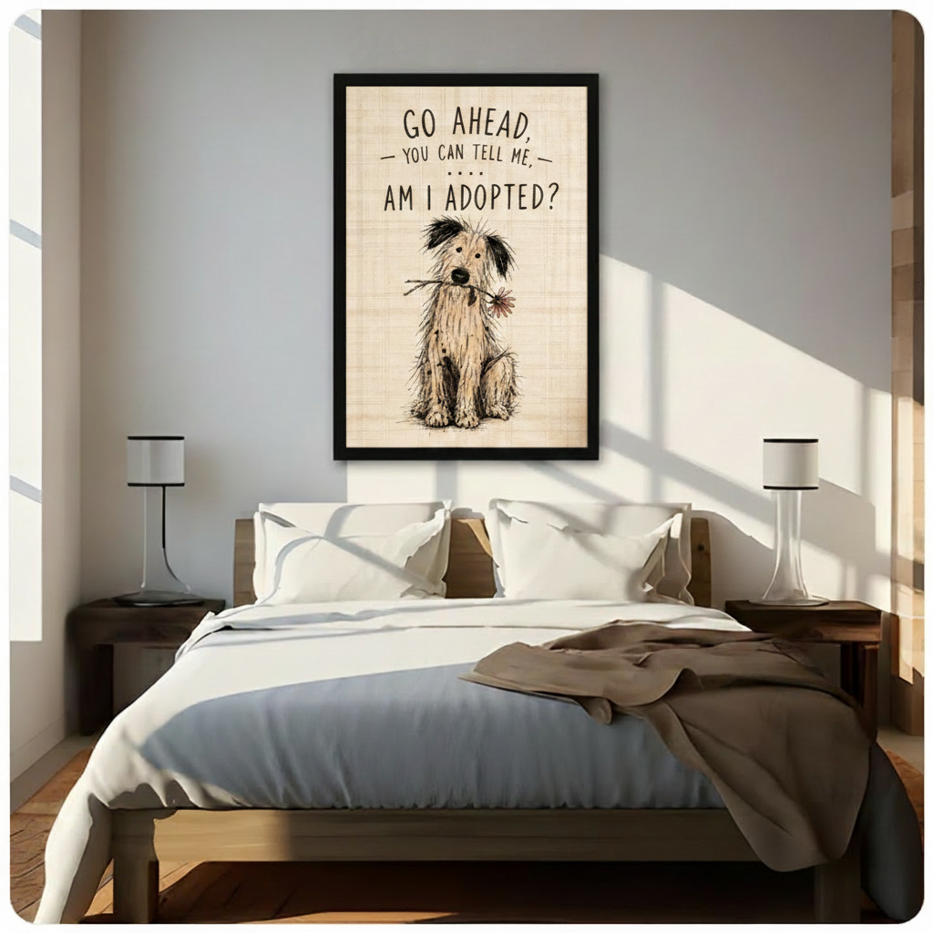 Black framed humorous am I adopted shaggy dog holding a daisy canvas art with hand-lettered quote and vintage linen-textured beige background, hung above a wooden bed frame in a sun-drenched minimalist bedroom with crisp white linen bedding, matching cylindrical nightstand lamps, and warm diagonal light streaming through the window